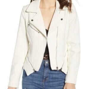 BLANKNYC Cream Tweed Fitted Zippered Cropped Moto Jacket | Women's Large